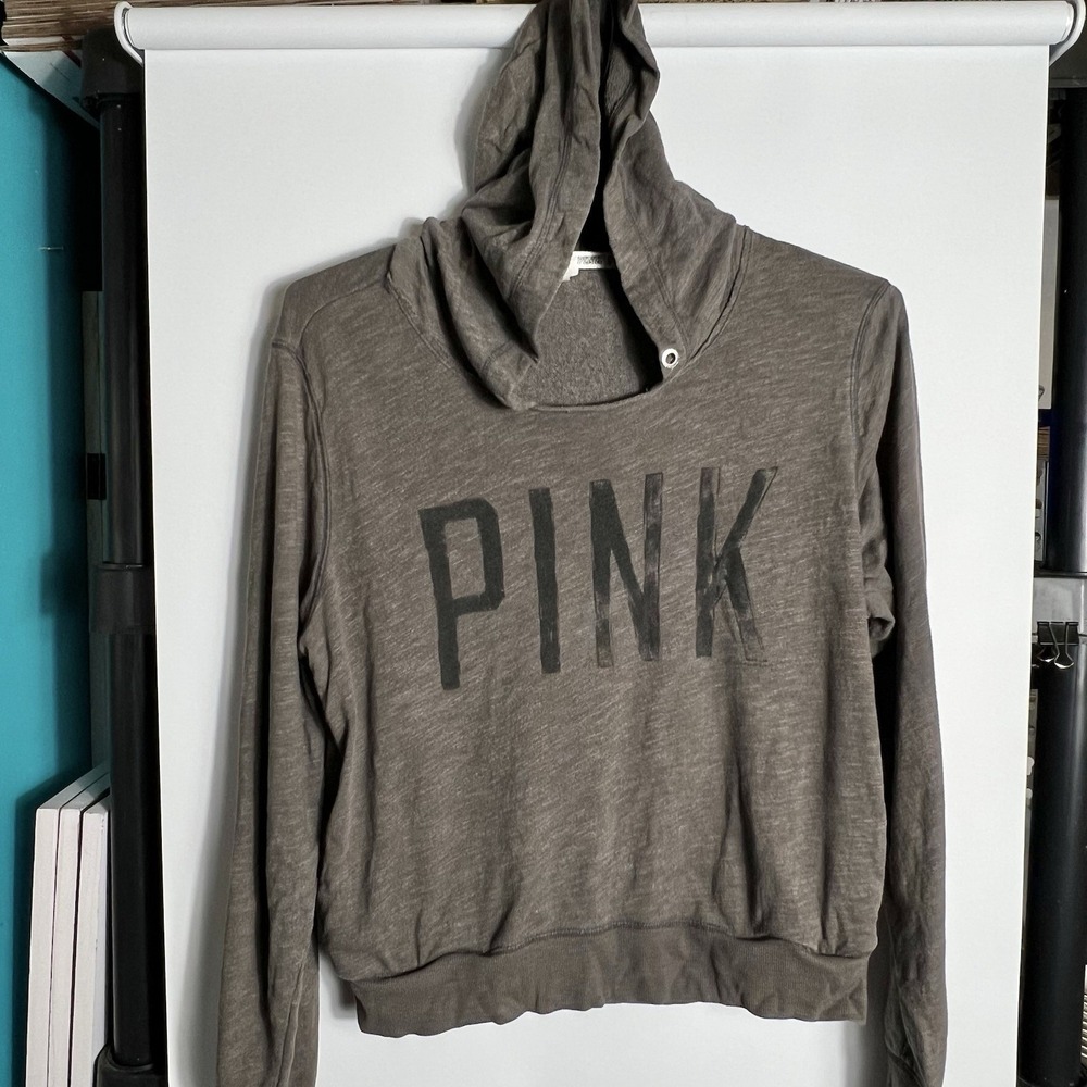Victoria's Secret PINK Womens L Brownish Gray Logo Pullover Hoodie‎ Slight Crop